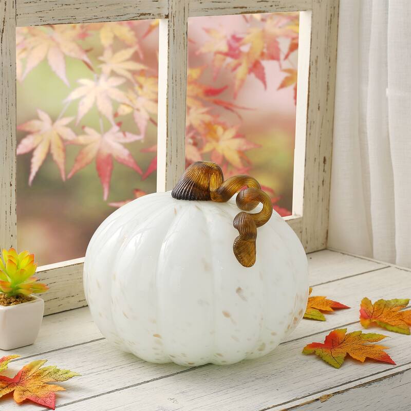 Glitzhome Fall Harvest Handblown Glass Pumpkins Set Thanksgiving Table Centerpieces - Single-White
