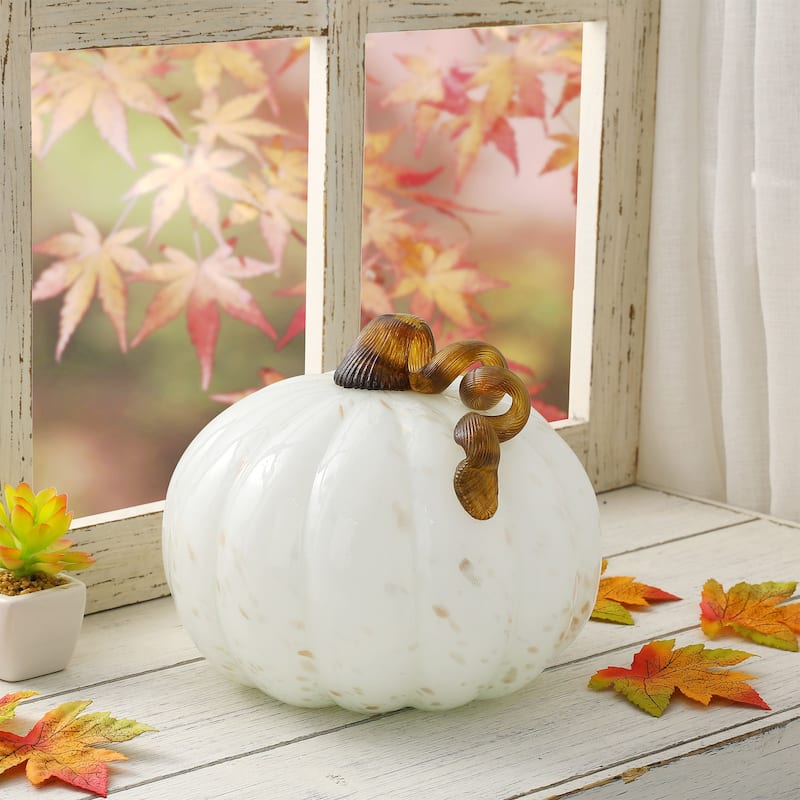 Glitzhome 8.5"D Golden & White Handblown Fall Harvest Glass Pumpkin Thanksgiving Decorations - 9"D