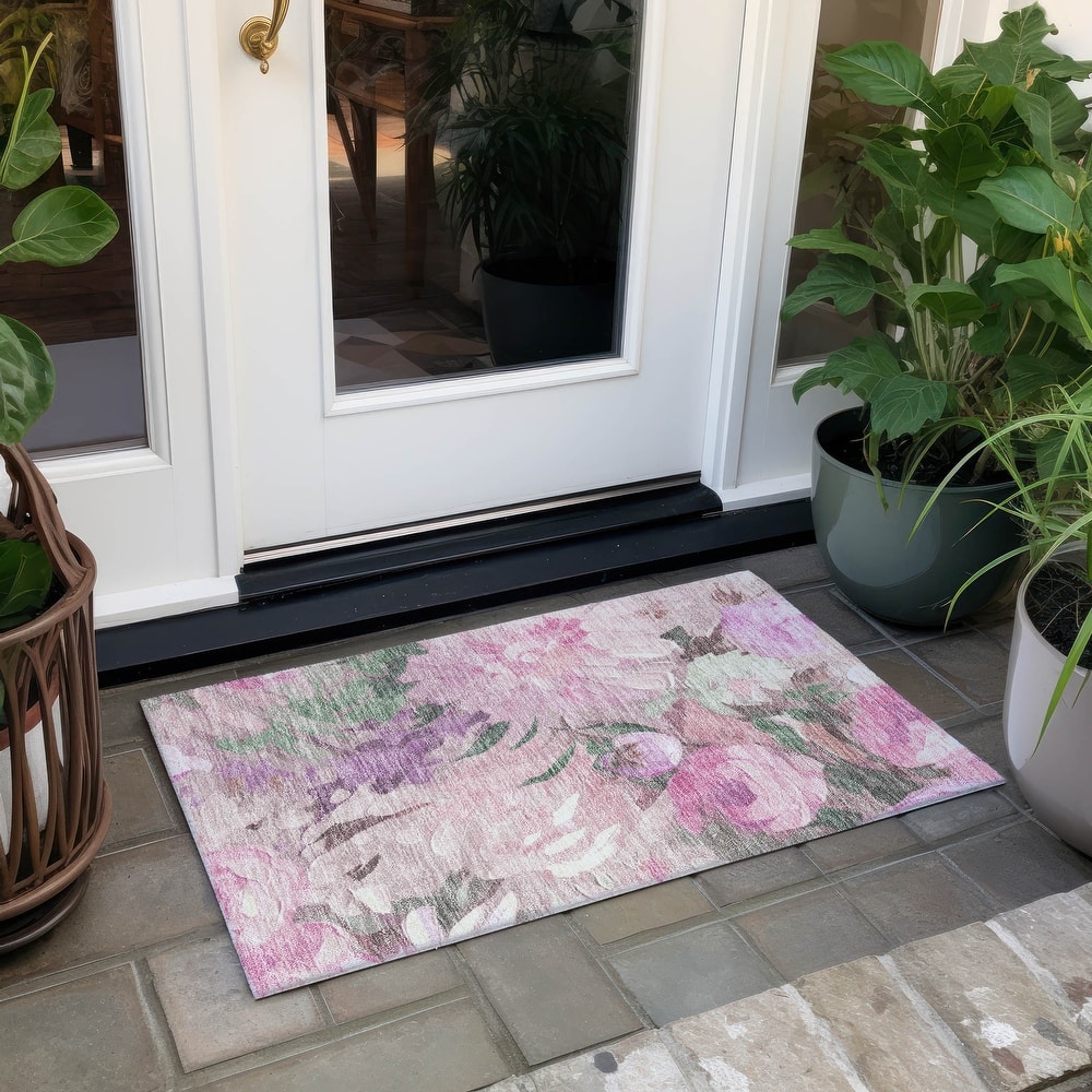 Machine Washable Indoor/ Outdoor Watercolor Floral Chantille Rug