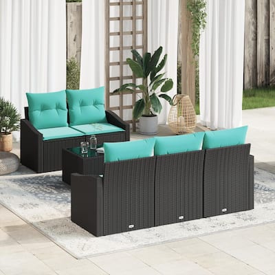 vidaXL 6 Garden Sofa Set with Cushions Black Poly Rattan - 70.1 x 24.4 x 27.2
