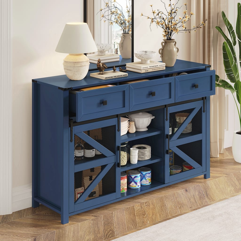 Sliding Barn Door Sideboard Buffet Cabinet with 3 Drawers, Adjustable Shelves