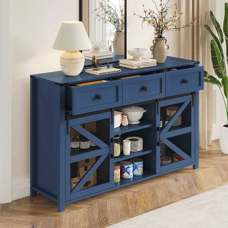 Sliding Barn Door Sideboard Buffet Cabinet with 3 Drawers, Adjustable Shelves