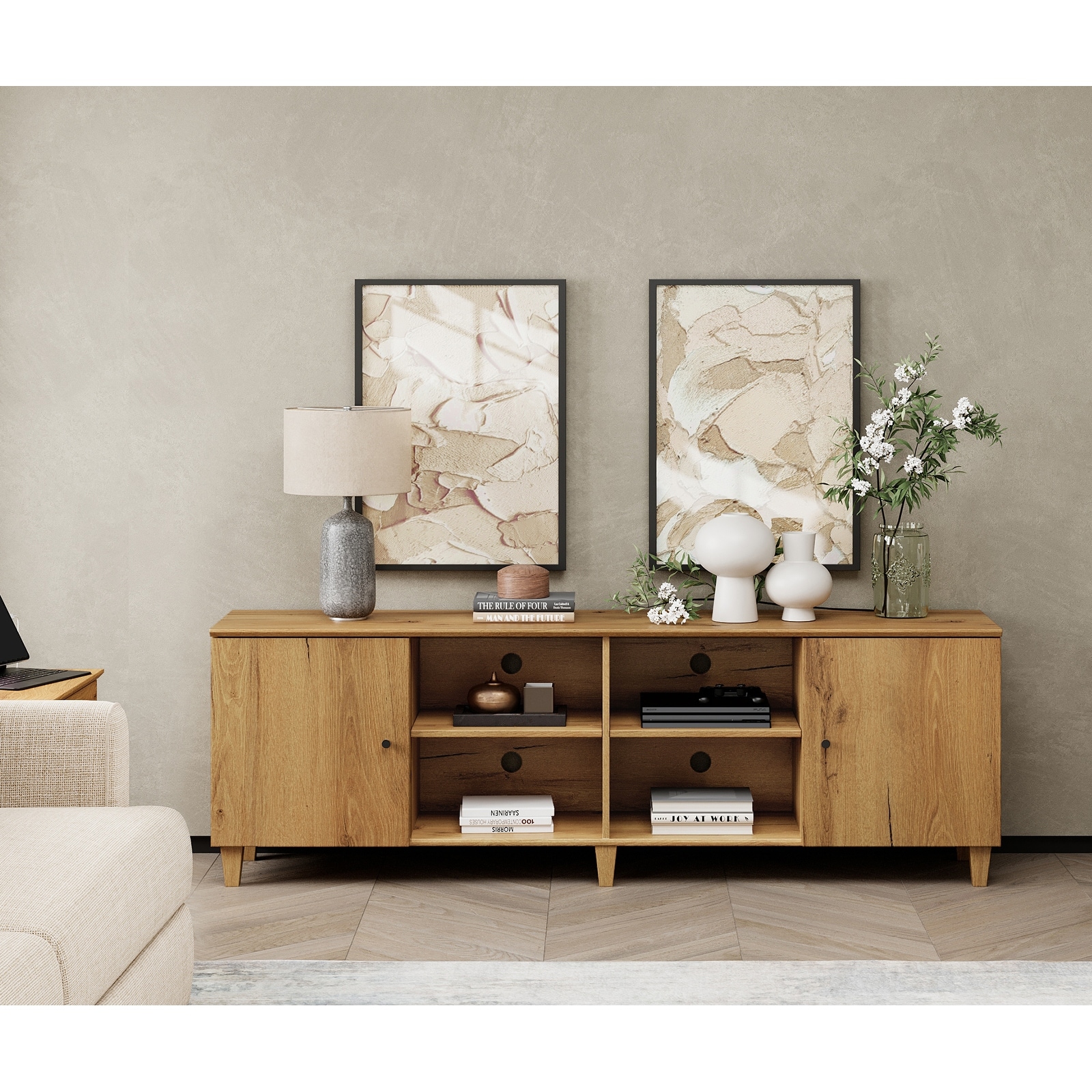 WAMPAT Wooden TV Stand with Doors, Mid-Century Entertainment Center