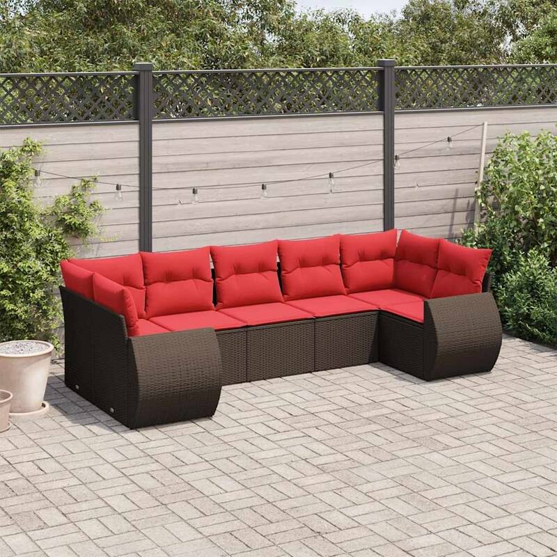 vidaXL 7 Piece Patio Sofa Set with Cushions Grey Poly Rattan - 24.4" x 24.4" x 27.2" - Brown and red