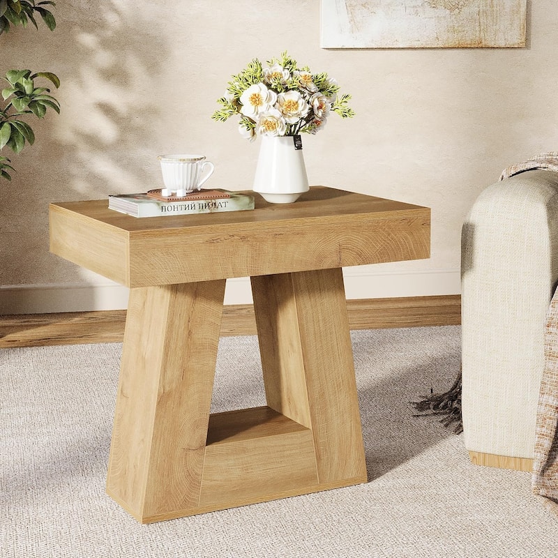 Farmhouse Side Table Small End Table with Trapezoid Base for Living Room - Brown - 1PC