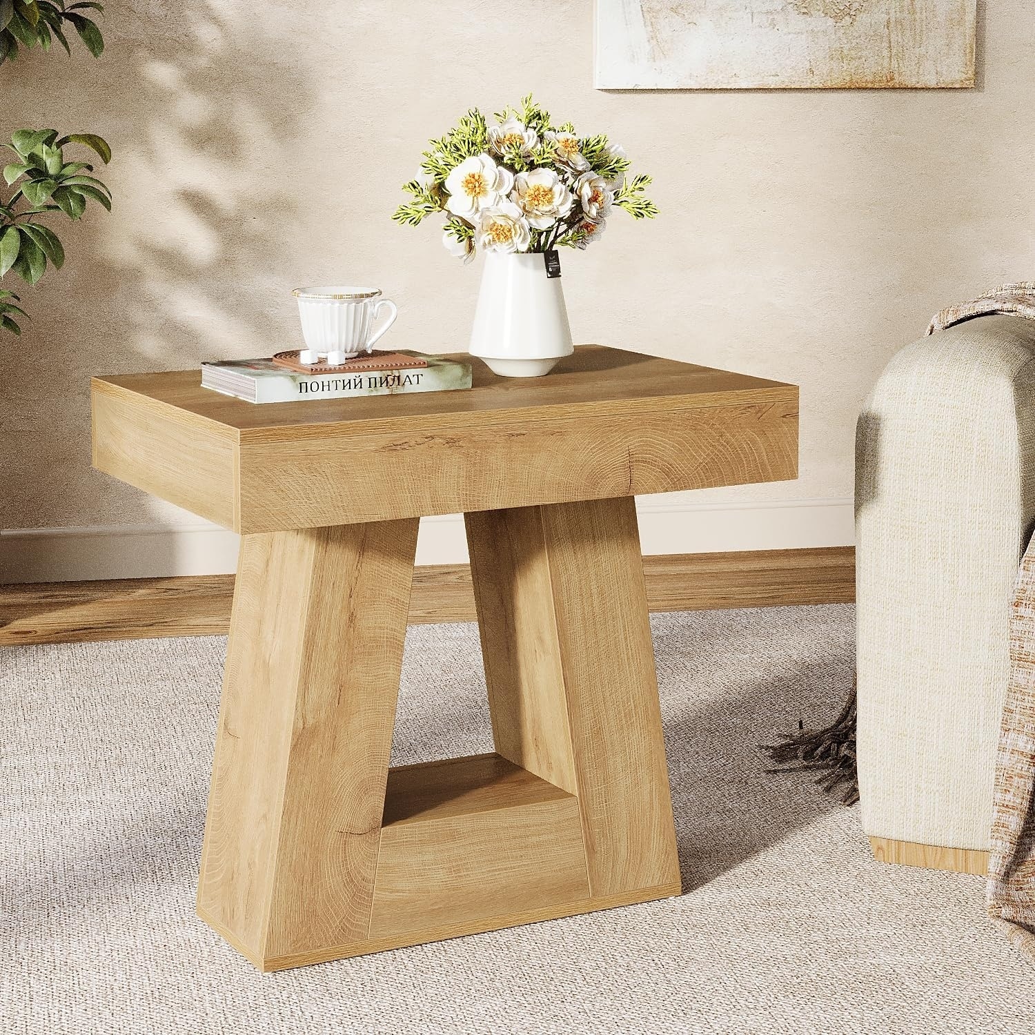 Farmhouse Side Table Small End Table with Trapezoid Base for Living Room