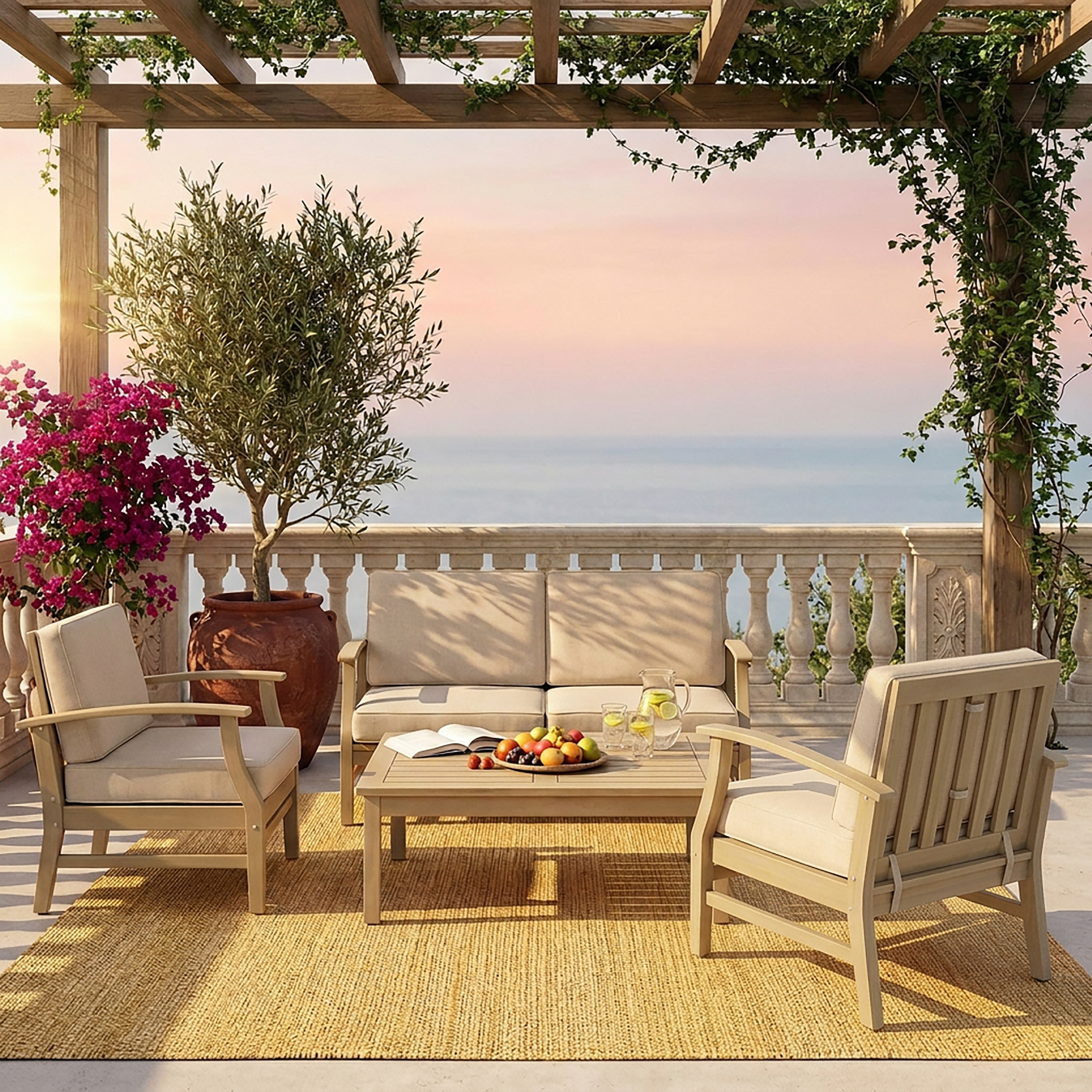 Christopher Knight Home - Outdoor Patio Conversation Set, Acacia Wood Frame with Cushions & Coffee Table