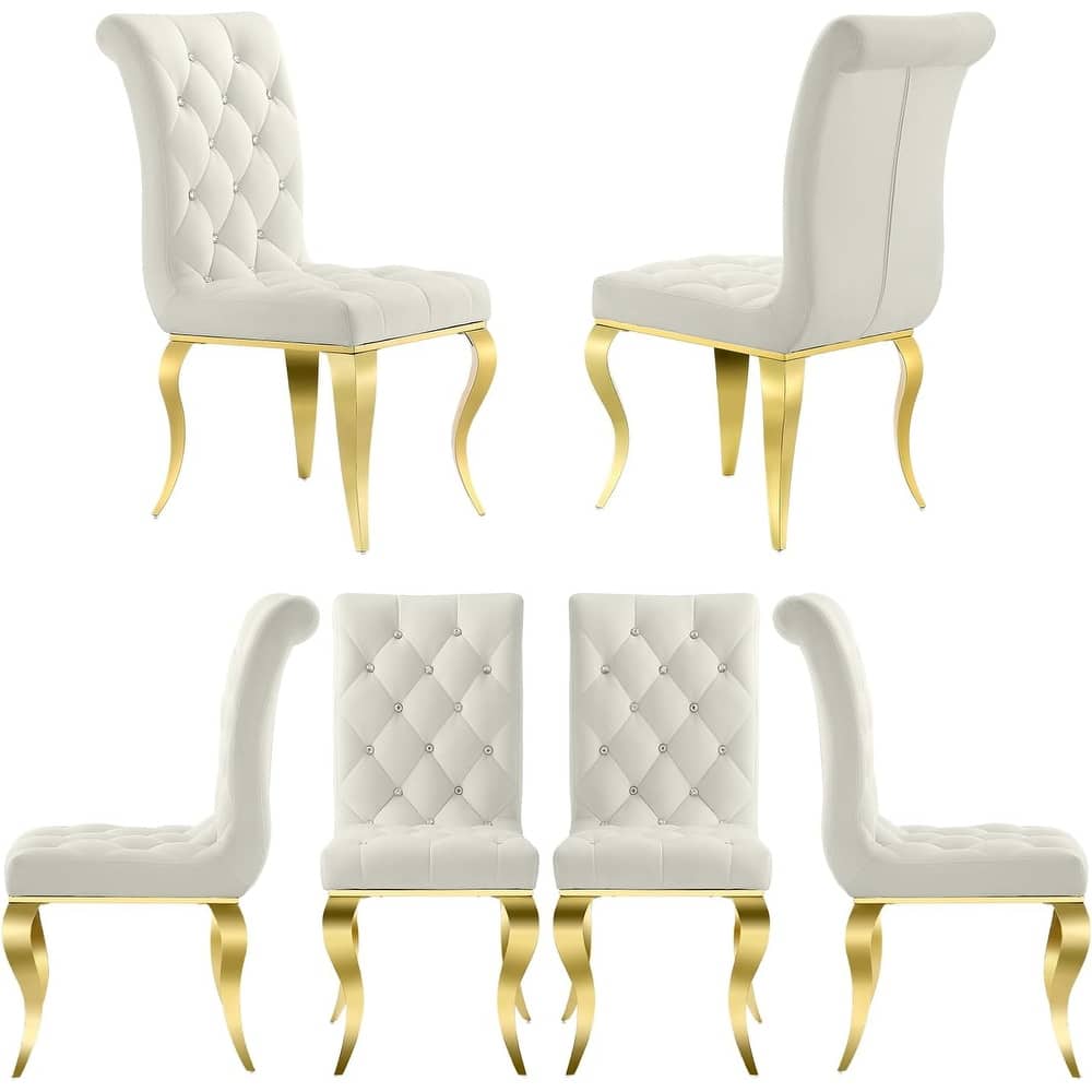 Luxury White Velvet Dining Chairs with Crystal Decor Button Tufted Back and Gold Metal Legs