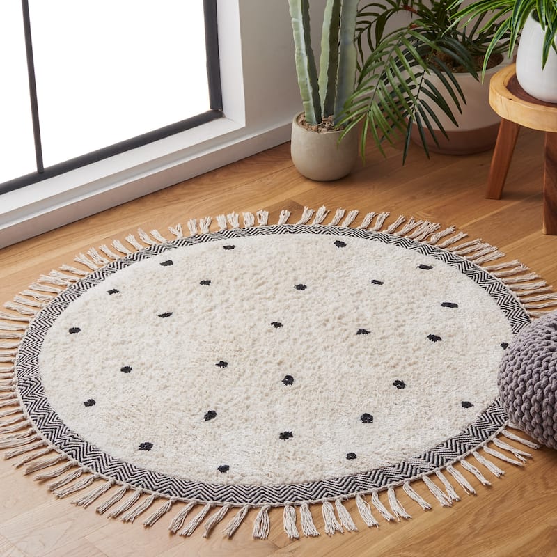 SAFAVIEH Easy Care Machine Washable Thieu Polka Dot Rug - 8' x 8' Round - Ivory/Black - Round