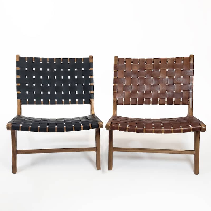 Brisot Square Weave Leather on Teak Wood Lounge Chair