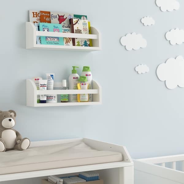 slide 2 of 8, Wallniture Lissa Wood Bookshelf White Floating Shelves Toy Storage Kids Room Decor (Set of 2)