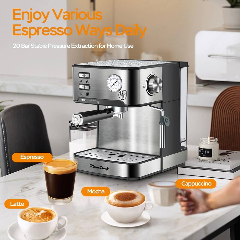 20 Bar Professional Espresso Machine with Milk Frother, Single & Double Shot, ESE Pod Compatible, Pressure Display