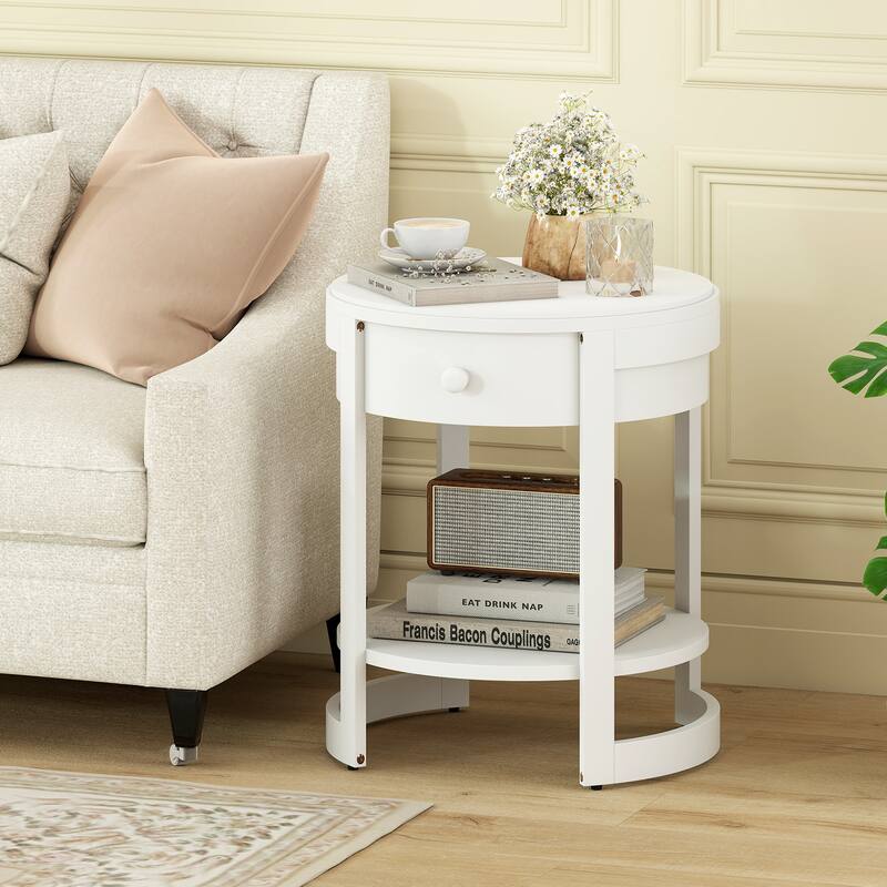 Gymax 2PCS Nightstand w/ Shelf & Wood Grains Drawer Round End Table