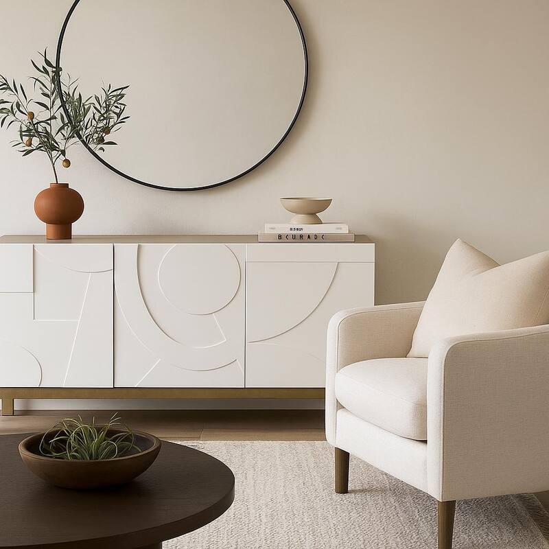 Wooden Geometric 3 Door and 1 Interior Drawer Sideboard - White - Roche River Decor - 19"W x 68"L x 32"H