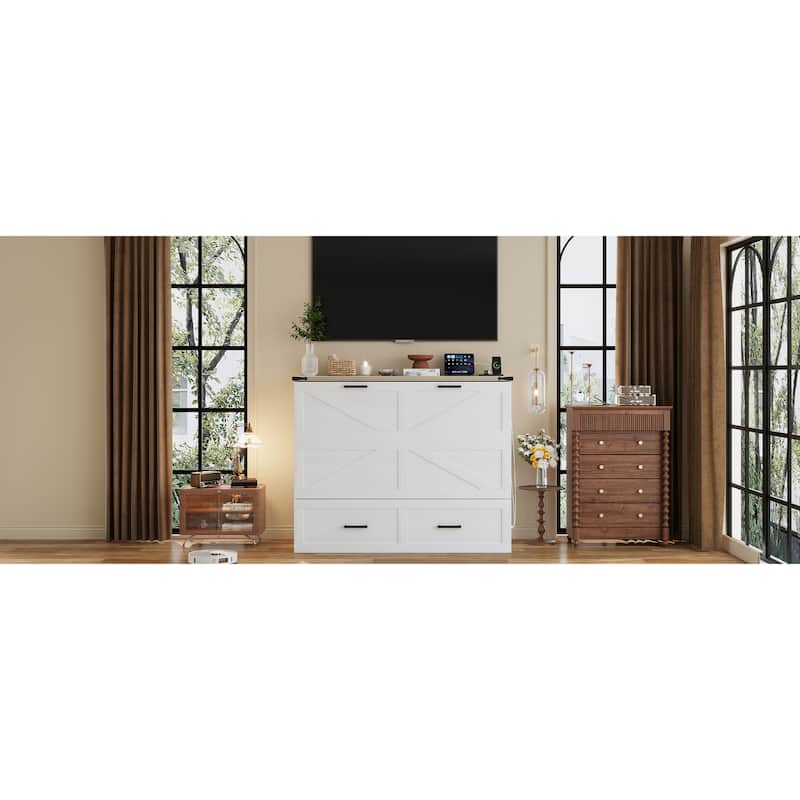 Full Size Farmhouse Murphy Cabinet Bed with Charging Station, Foldable Platform Bed with Large Storage Drawer