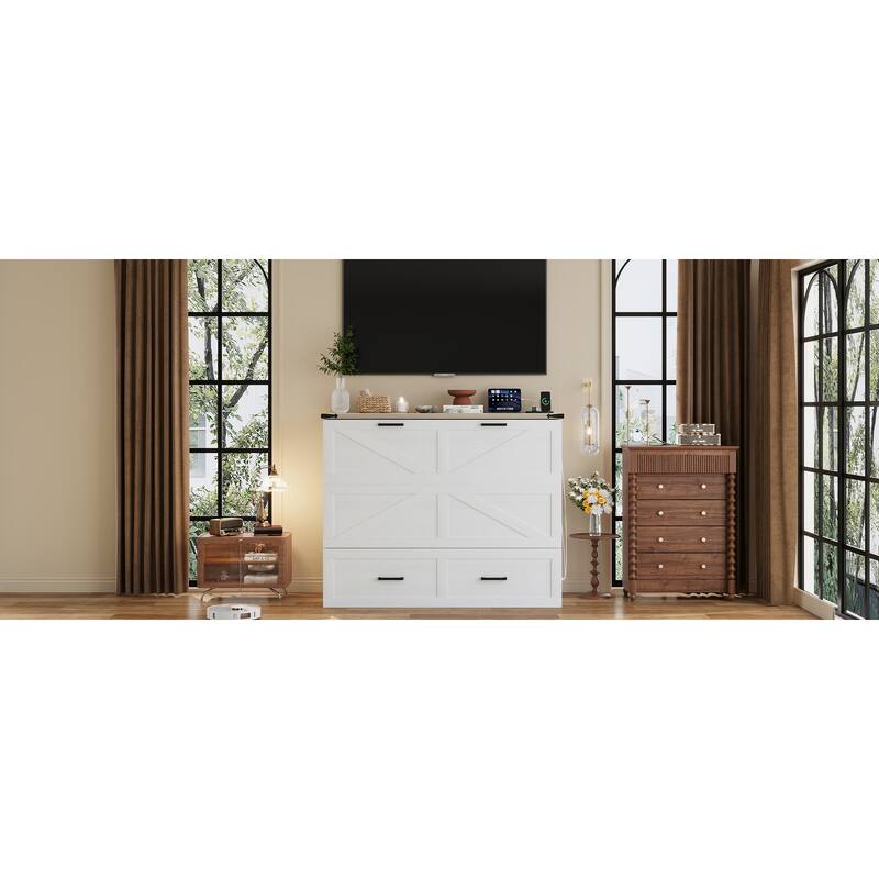 Roomfitters Queen/Full Size Farmhouse Murphy Cabinet Bed with Charging Station, Foldable Platform Bed with Large Storage