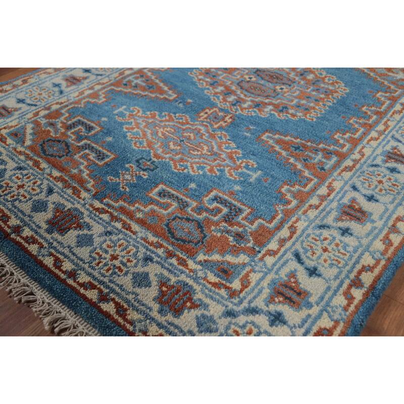 Blue Geometric Viss Indian Rug Handmade Wool Carpet - 3'2" x 4'9" - 3'2" x 4'9" - Blue