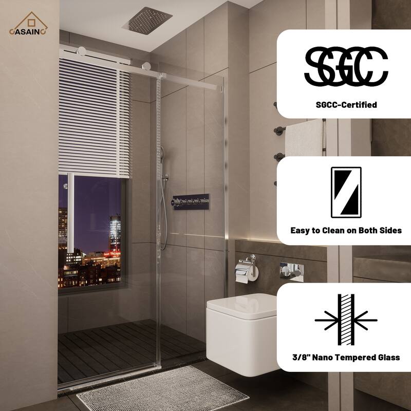 CASAINC 48 in. W x 76 in. H Sliding Frameless Shower Door with SGCC Certification