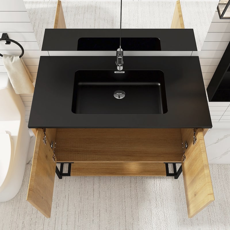 Freestanding Bathroom Vanity Set in Oak with Integrated Solid Surface Sink