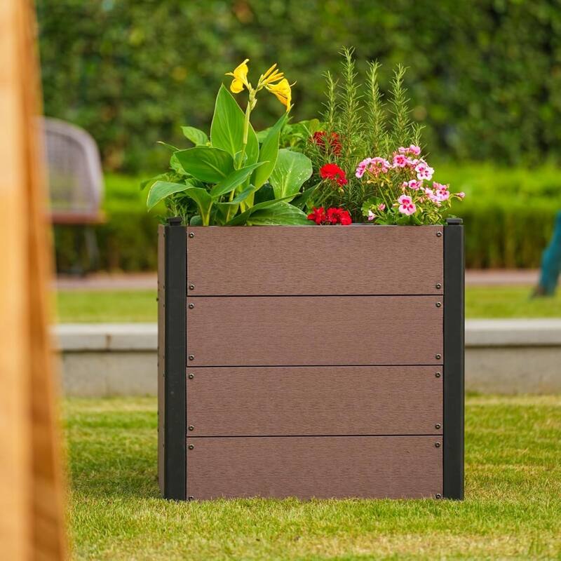 25x25x23Inch Elevated Garden Bed with Deep Root Box - Wood Look Planter for Patio Vegetables and Herbs Without Bottom