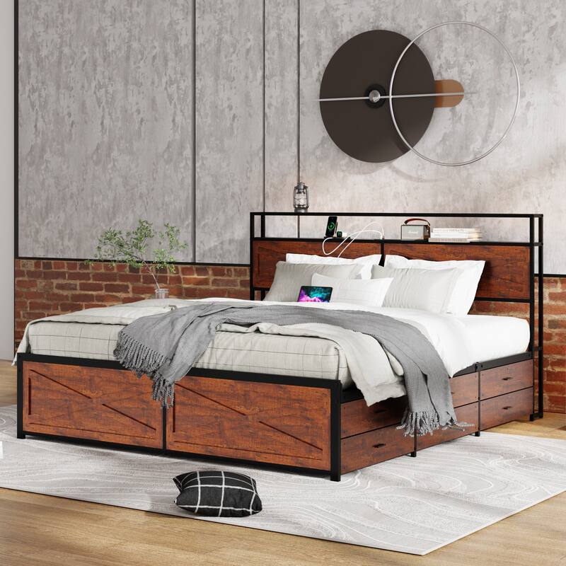 Metal Platform Bed Frame with Storage Headboard, 12 Drawers, RGB LED Lights, Built-in Charging Station, Noise-Free Design - Rustic Brown