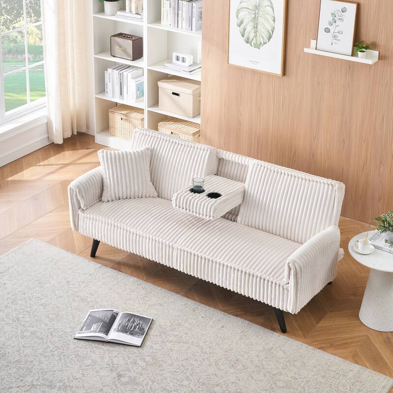 Corduroy Loveseat Sofa with 2 Cup Holder Lounge Couch, Adjustable Backrest Sleeper Sofa Bed for Living Room Recliner Sofa