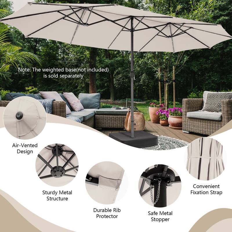 Costway 15FT Twin Patio Double-Sided Umbrella 48 Solar LED Lights - 15.4' x 9.2' x 8'
