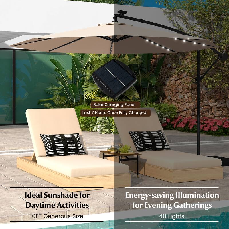 Gymax 10ft Solar Patio Umbrella Outdoor Offset Hanging Umbrella w/ 40