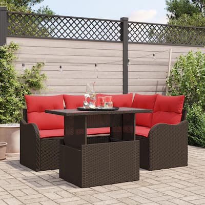 vidaXL 5 Garden Sofa Set with Cushions Black/Brown/Grey Poly Rattan - 69.9 x 48.2 x 27.2
