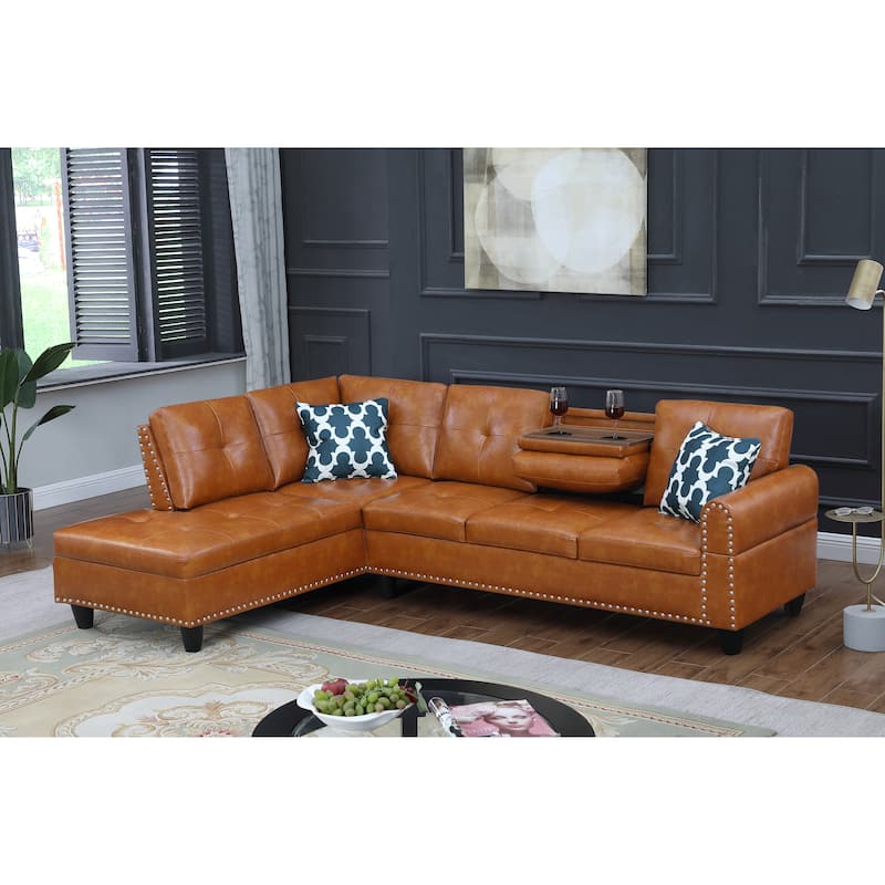 Faux Leather L - Shaped Sectional Set With Cup Holders 2pc - Ginger