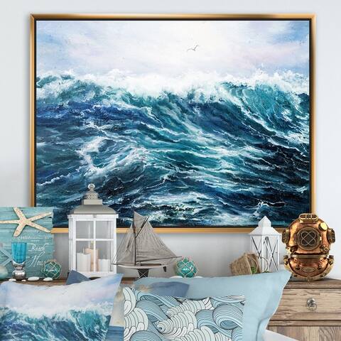 Designart 'Wild Blue Ocean Waves I' Nautical & Coastal Framed Canvas Wall Art Print