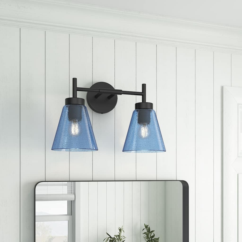 Rustic Farmhouse Black 2-Light Wall Sconce with Blue Seeded Glass Shade