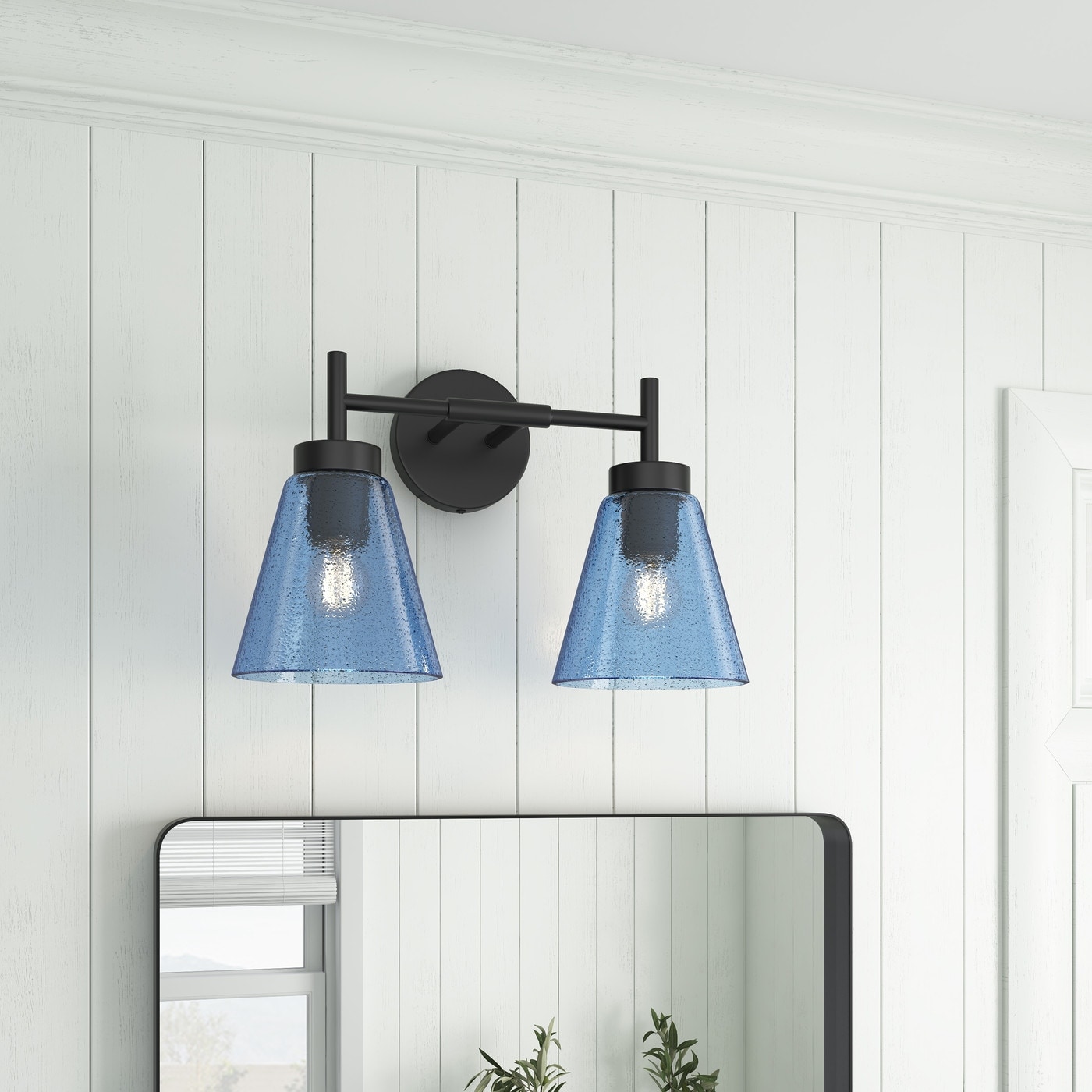 Rustic Farmhouse Black 2-Light Wall Sconce with Blue Seeded Glass Shade