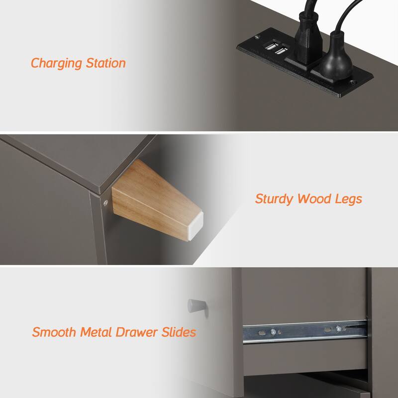 WAMPAT End Table with Charging Station and 2 Drawer for Living Room
