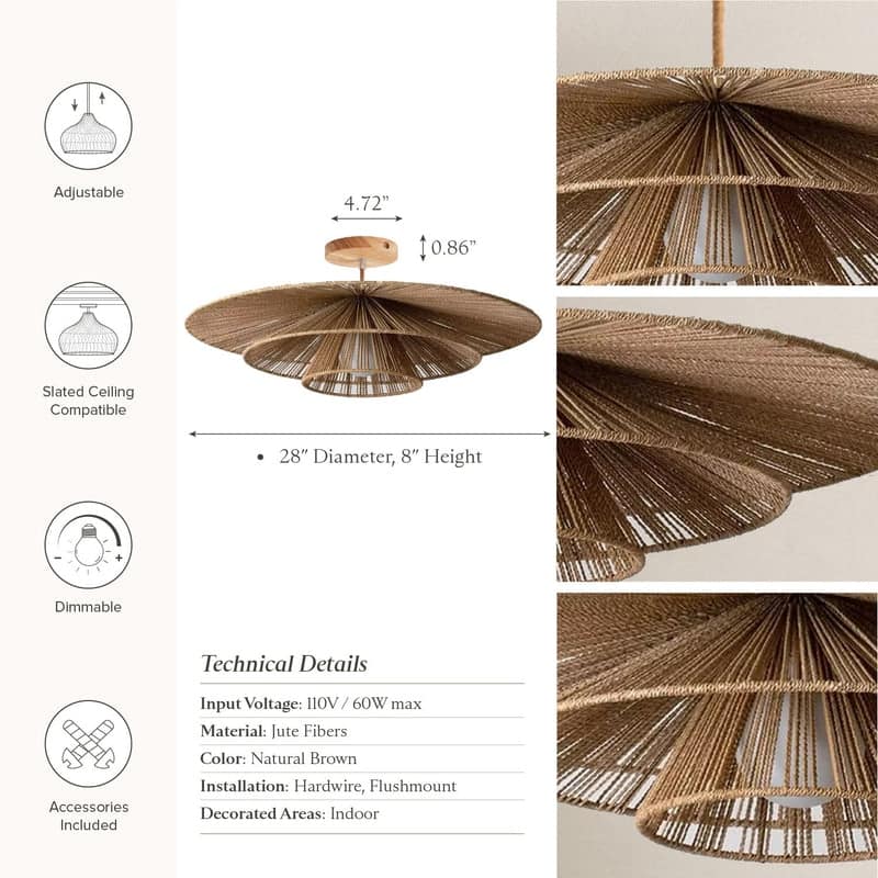 Sammie Rattan Flush Mount Jute Fibers Natural 1-Light Handwoven Ceiling Light for Bedroom or Hallway in Modern, Farmhouse Style