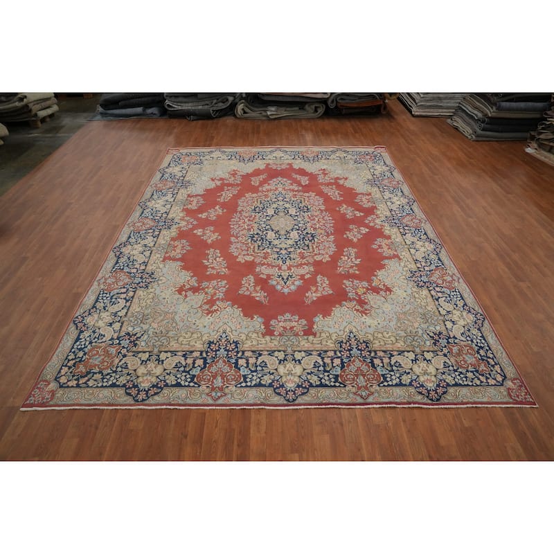 Hand Knotted Oriental 100% Wool Carpet Traditional Floral Oranges & Rust Kerman Area Rug - 13' 0'' X 9' 9''