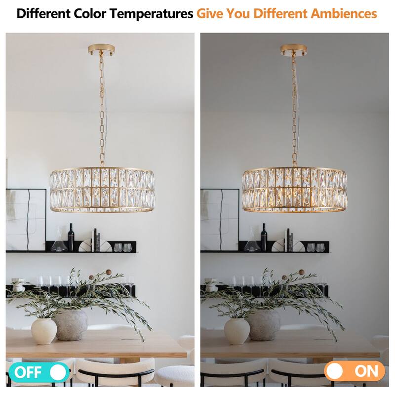 Crystal Drum Chandelier, 6-Light Pendant Lighting Fixture with Metal Frame for Living Room, Dining Room(Bulbs Not Included)