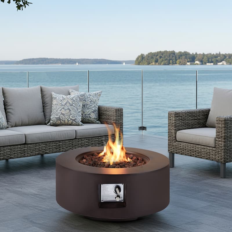 AVAWING 50,000 BTU 30" Outdoor White Round Propane Fire Pit Table and Set (Set Includes Tank Holder) - Brown-Round Table