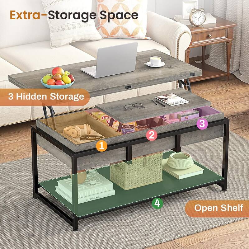 Lift Top Coffee Table Open Storage Shelf & Hidden Classified Storage