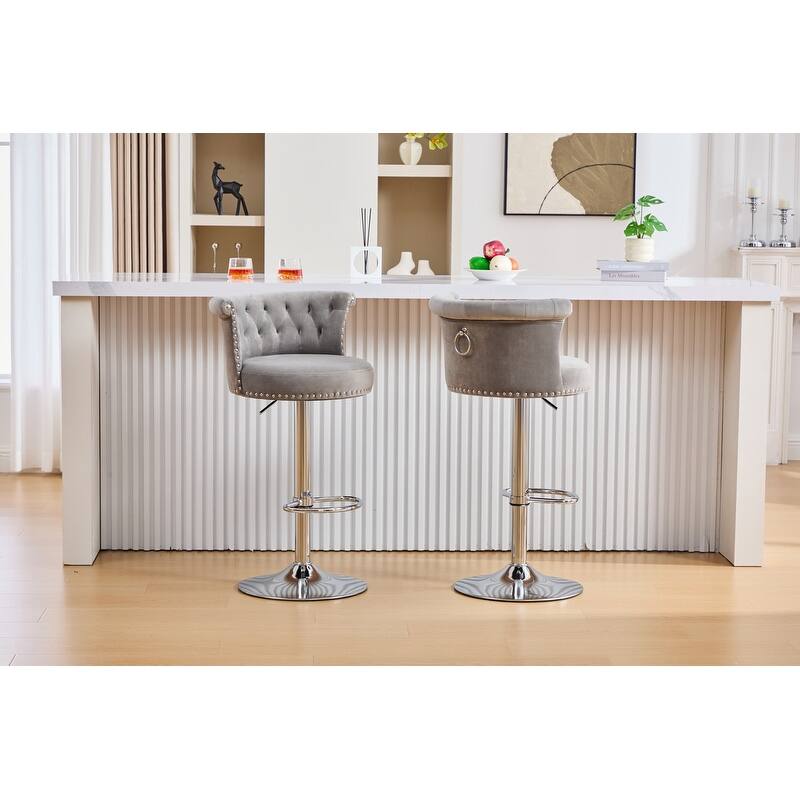 Set of 2, Adjustable Swivel Velvet Bar Stools with Silver Plated Metal Leg