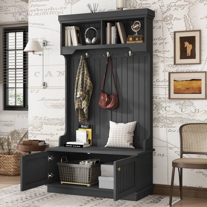 4-in-1 Hall Tree with Storage Bench, Entryway Coat Rack with Hooks & Shoe Cubbies - Black