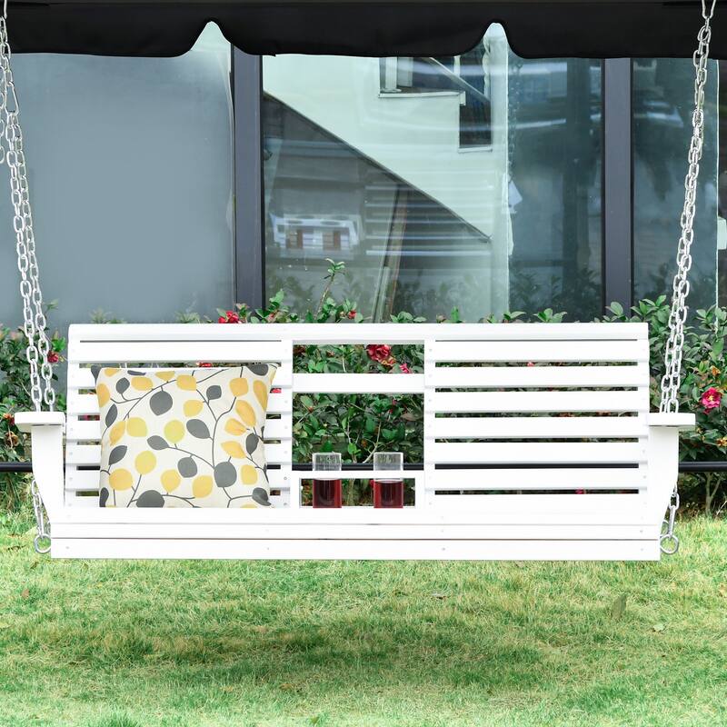 Outsunny 3-Seater Wooden Porch Swing Bench with Folding Coffee Table, Durable PU Coating, Chains Included - 59" x 29.5" x 20.75"