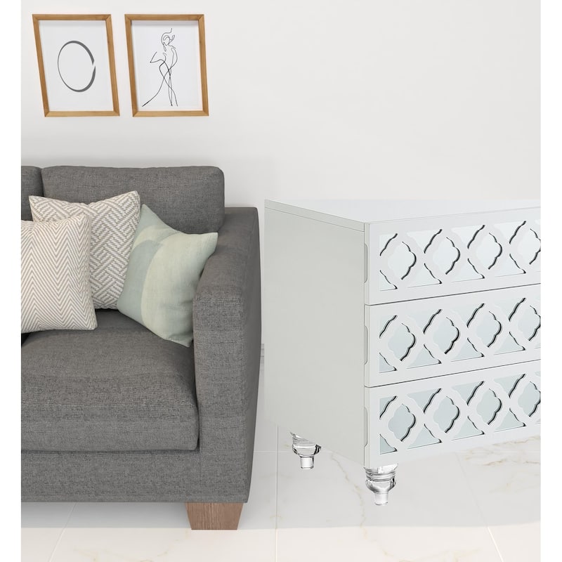 24" Clear and White Mirrored End Table with Three Drawers
