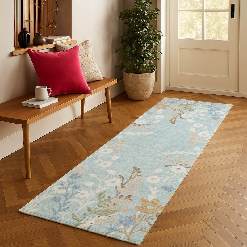 Machine Washable Indoor/ Outdoor Floral Border Chantille Rug