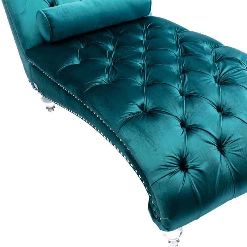 Velvet Chaise Lounge Chair with Toss Pillow,Tufted Button Lounge Chair with Acrylic Legs,Teal
