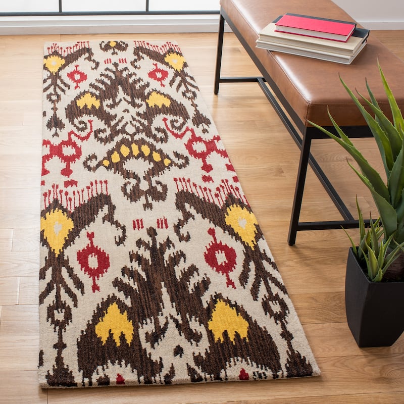 SAFAVIEH Handmade Ikat Maayke Modern Wool Rug - 2'3" x 12' Runner - Beige/Brown