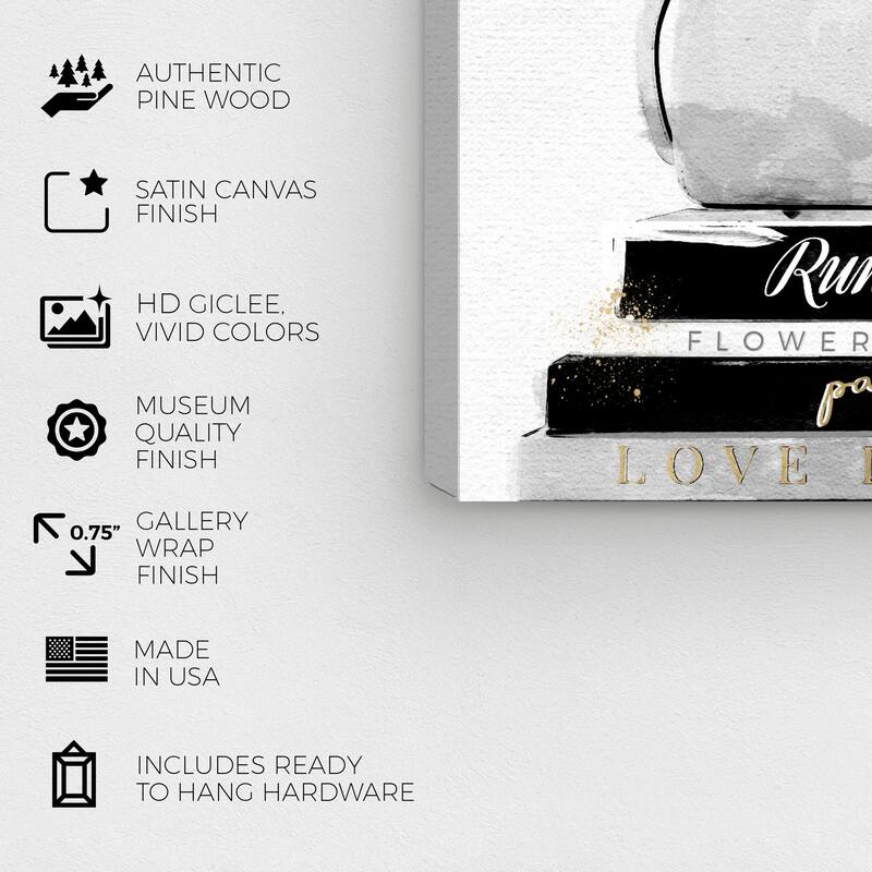 Wynwood Studio Canvas Fashion and Glam My Purse and Books Classic Square White and Metallic Gold Glam Wall Art Canvas Print
