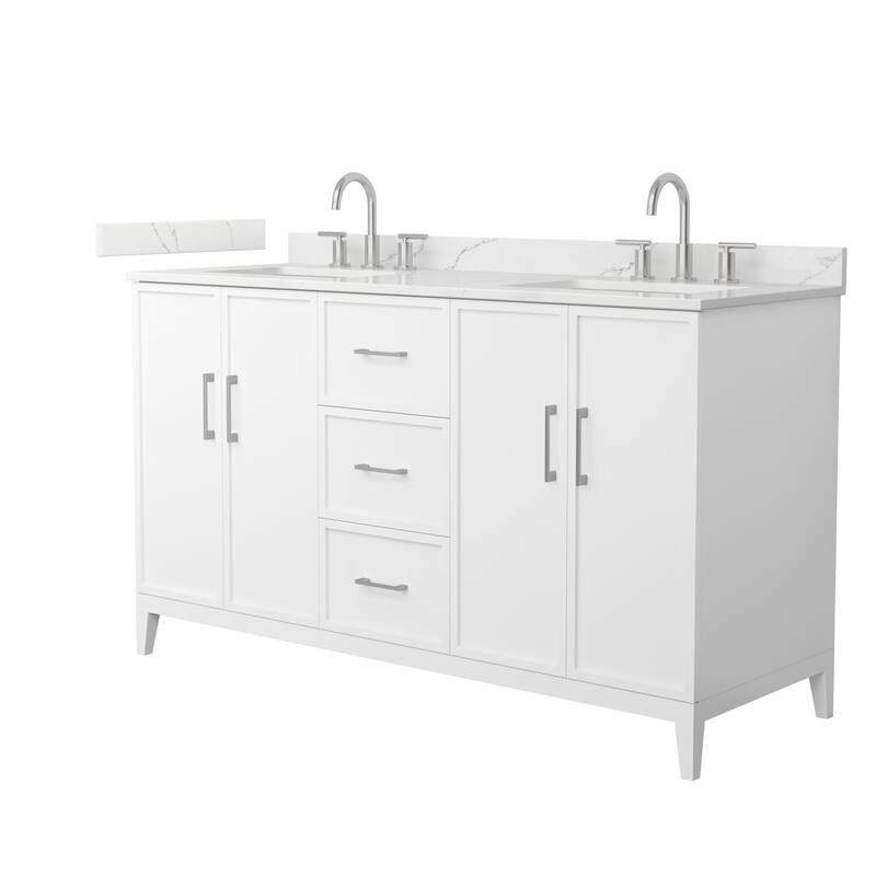 Elan 60-inch Double Vanity, 3 Hole Quartz Top - White, Nickel Trim, Giotto Quartz Top