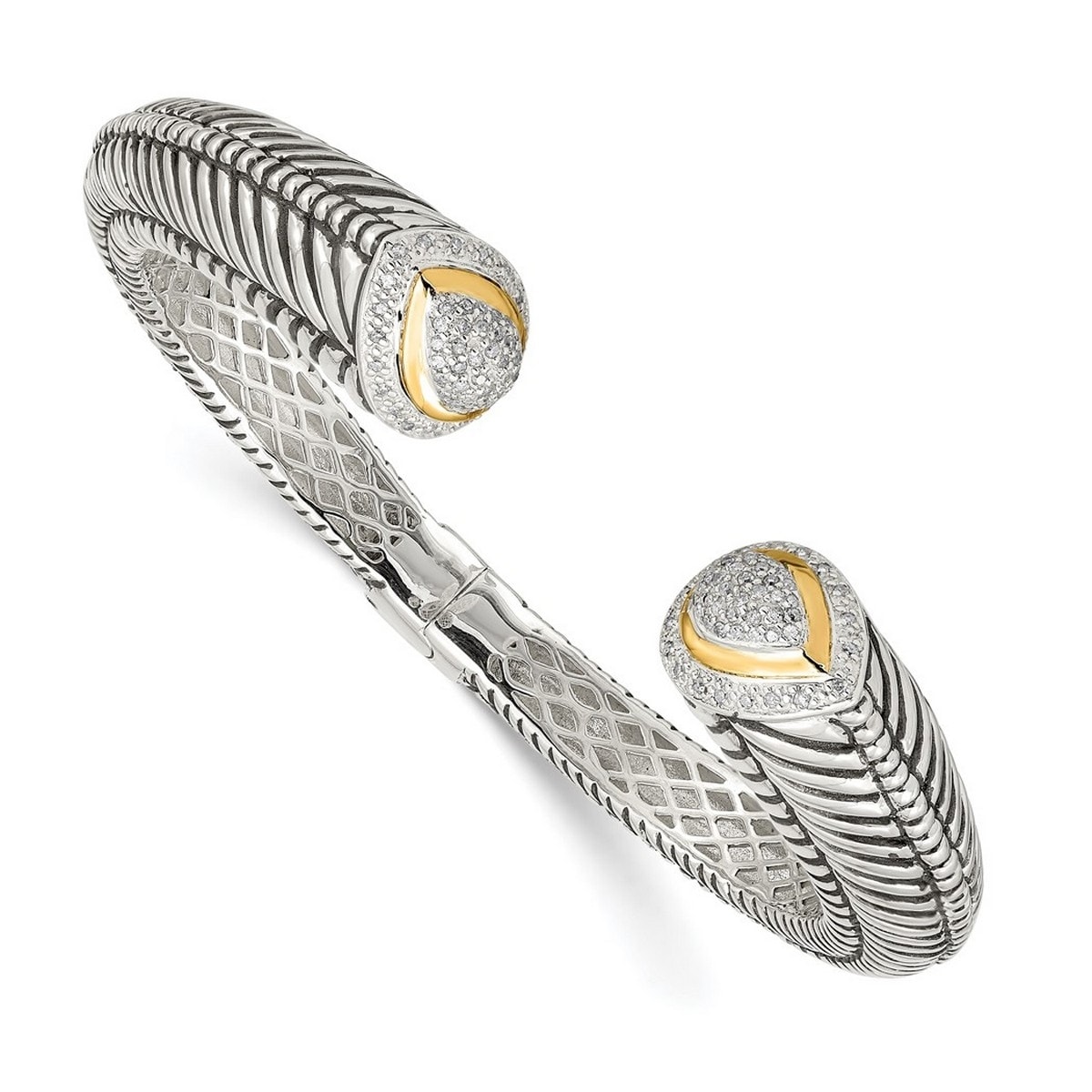 Curata 925 Sterling Silver With 14k Gold Diamond Balinese Vintage Cuff Bangle Bracelet