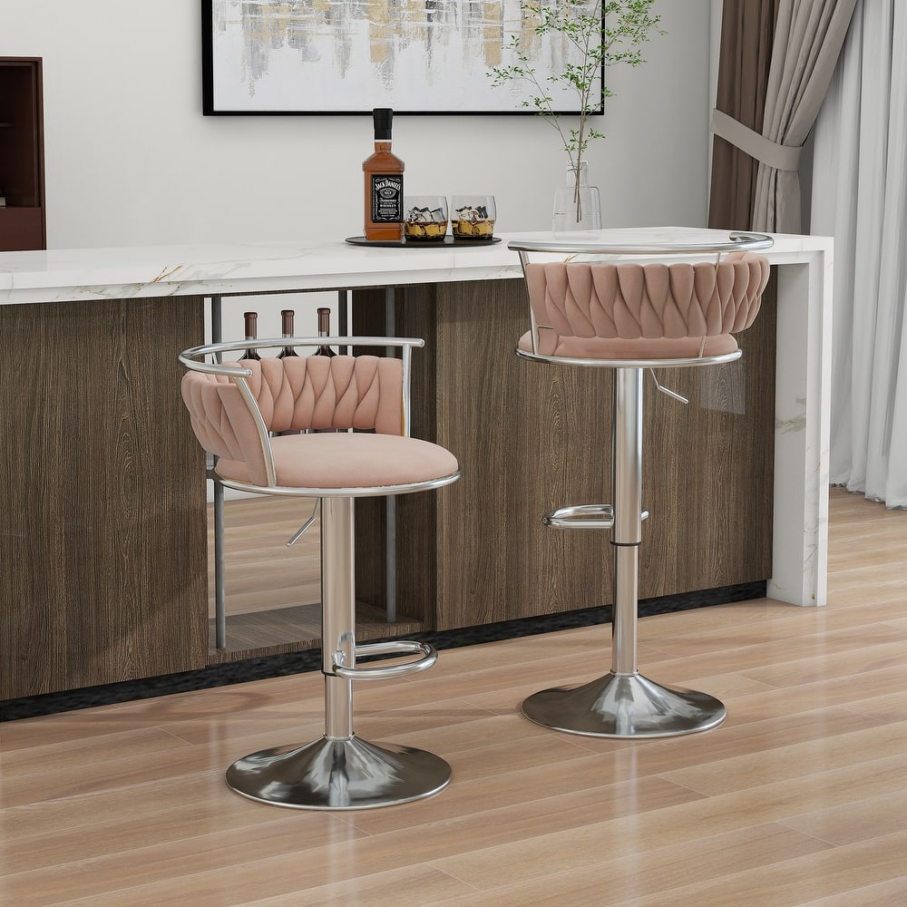 2 Set Velvet Swivel Adjustable Bar Stools with Footrest